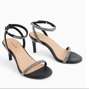 Black faux leather rhinestone ankle strap heel - wide width